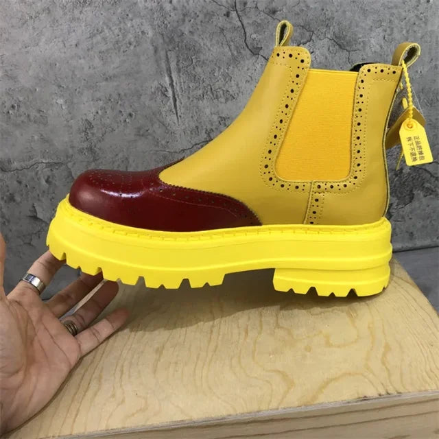 Stylish Colorful Patchwork Split Leather Ankle Chelsea Boots