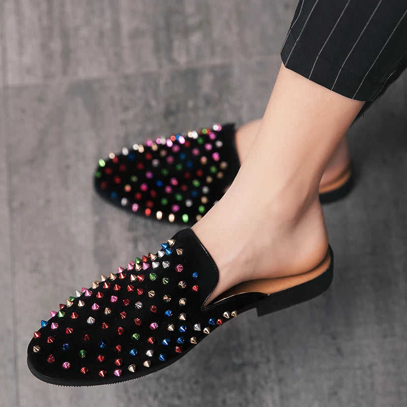 Stylish Black Mules Shoes with Rivet Rhinestone Decorations