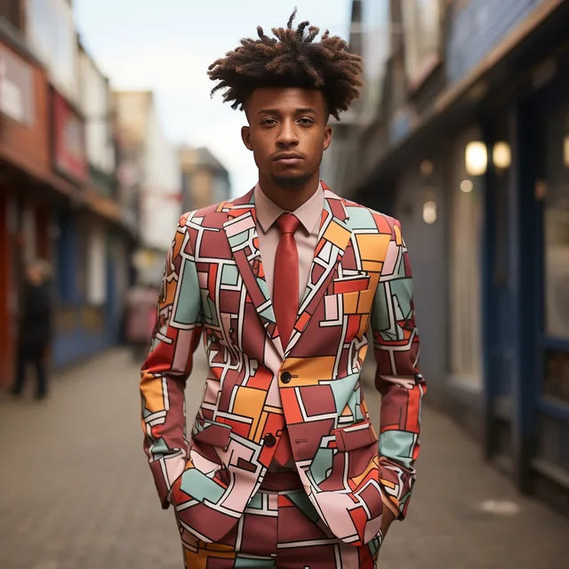 Stylish Polyester Color Block Lapel Digital Printed Men's Suit for Various Occasions
