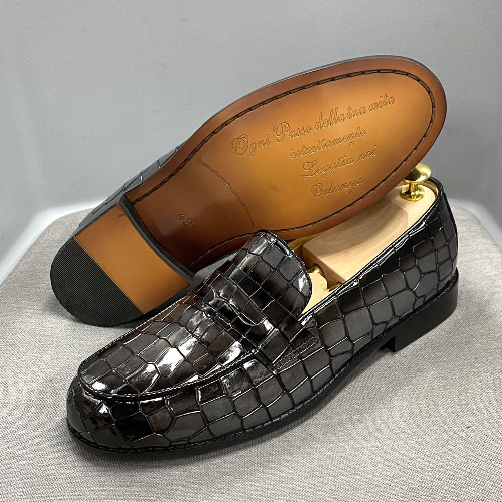 Men's Classic Slip-On Genuine Cow Leather Loafers with Alligator Print