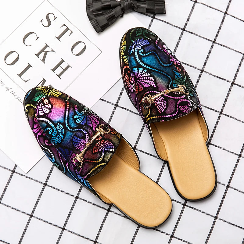Stylish Colorful Geometric Pattern PU Leather Women's Slip-On Mules Shoes for Fashion Lovers