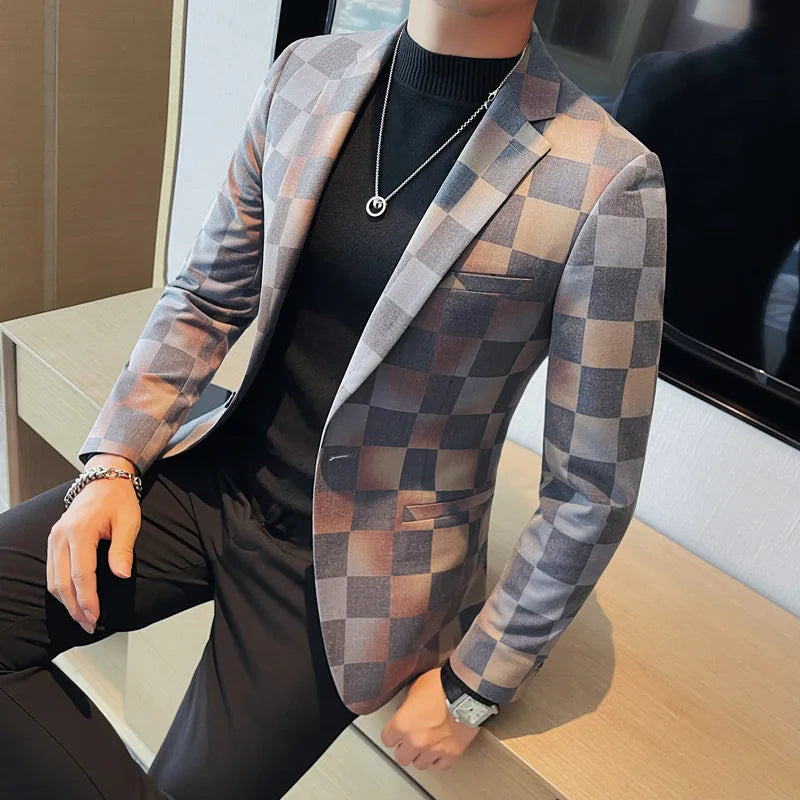 Stylish Classic Checked Single-Breasted Cotton-Polyester Blazer