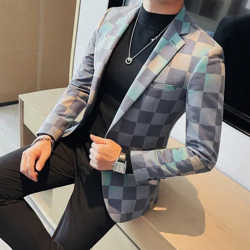 Stylish Classic Checked Single-Breasted Cotton-Polyester Blazer