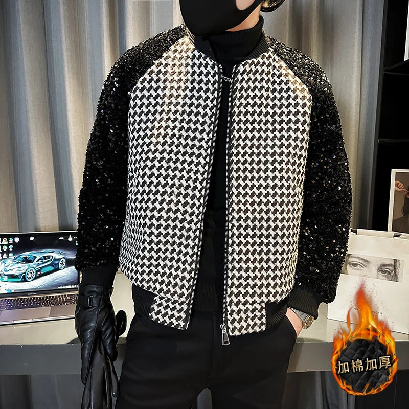 Stylish Contrast Sequin Patchwork Polyester Bomber Jacket