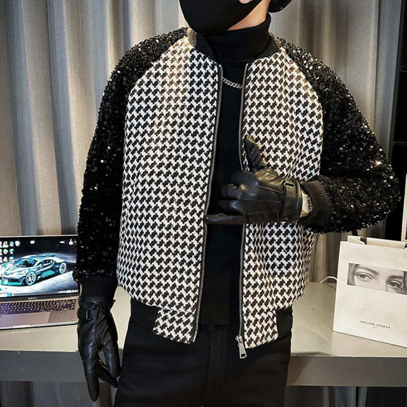 Stylish Contrast Sequin Patchwork Polyester Bomber Jacket