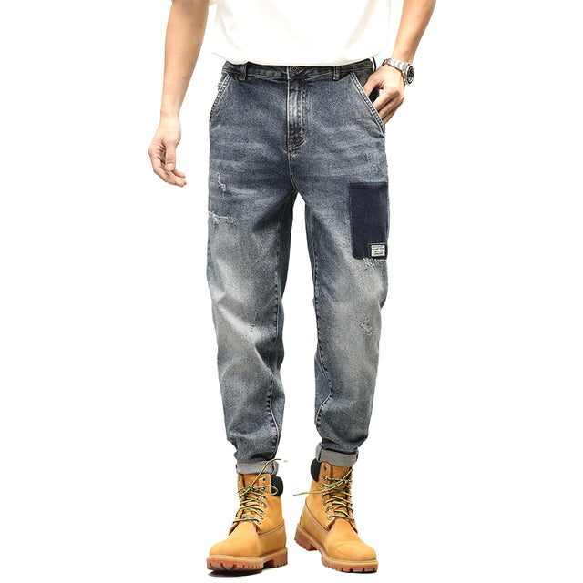 Fashionable Contrast Patchwork Distressed Loose-Fit Denim Jeans for Trendy Comfort