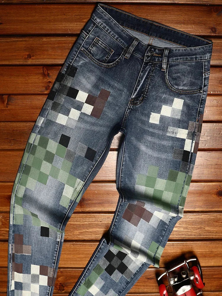 Stylish Contrast Mosaic-Printed Full-Length Slim Jeans