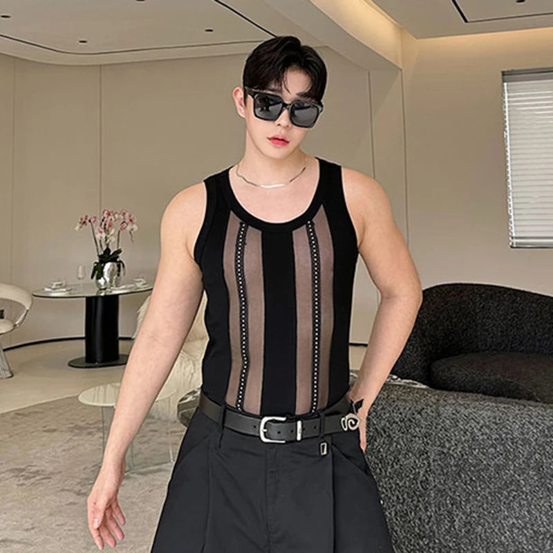 Stylish See-Through Spliced Polyester Women's Casual Tank Top for All Occasions