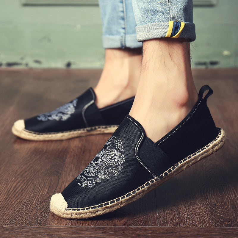 Men's Breathable Canvas Flats with Chinese Dragon Totem Elements