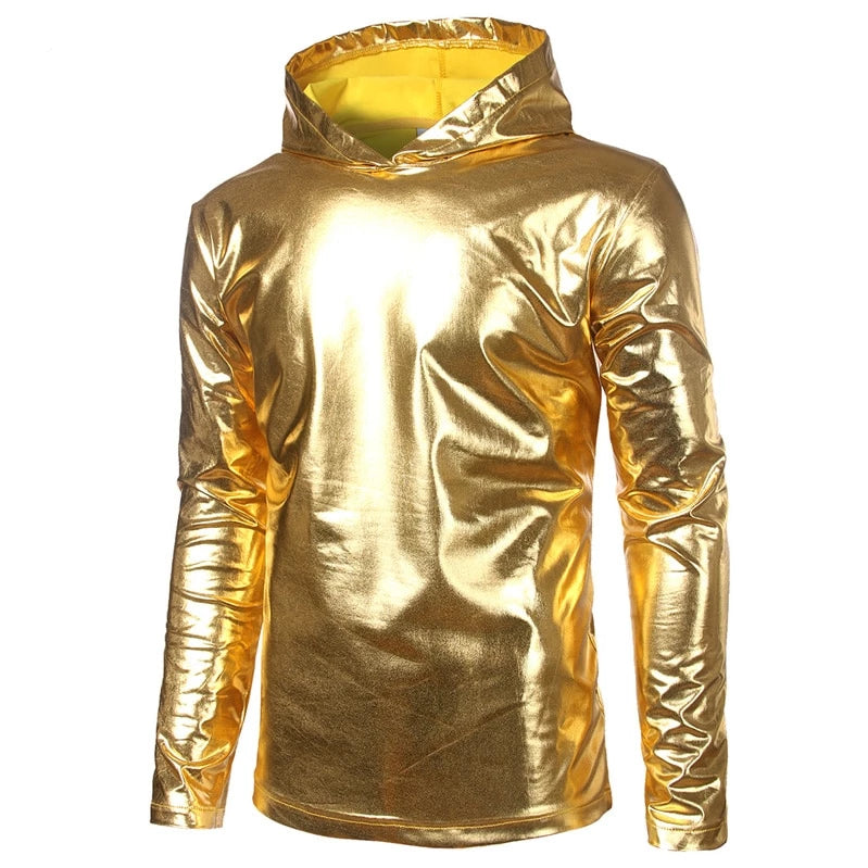 Men's Casual Shiny Metallic Coated Thin Hoodie Sweatshirt