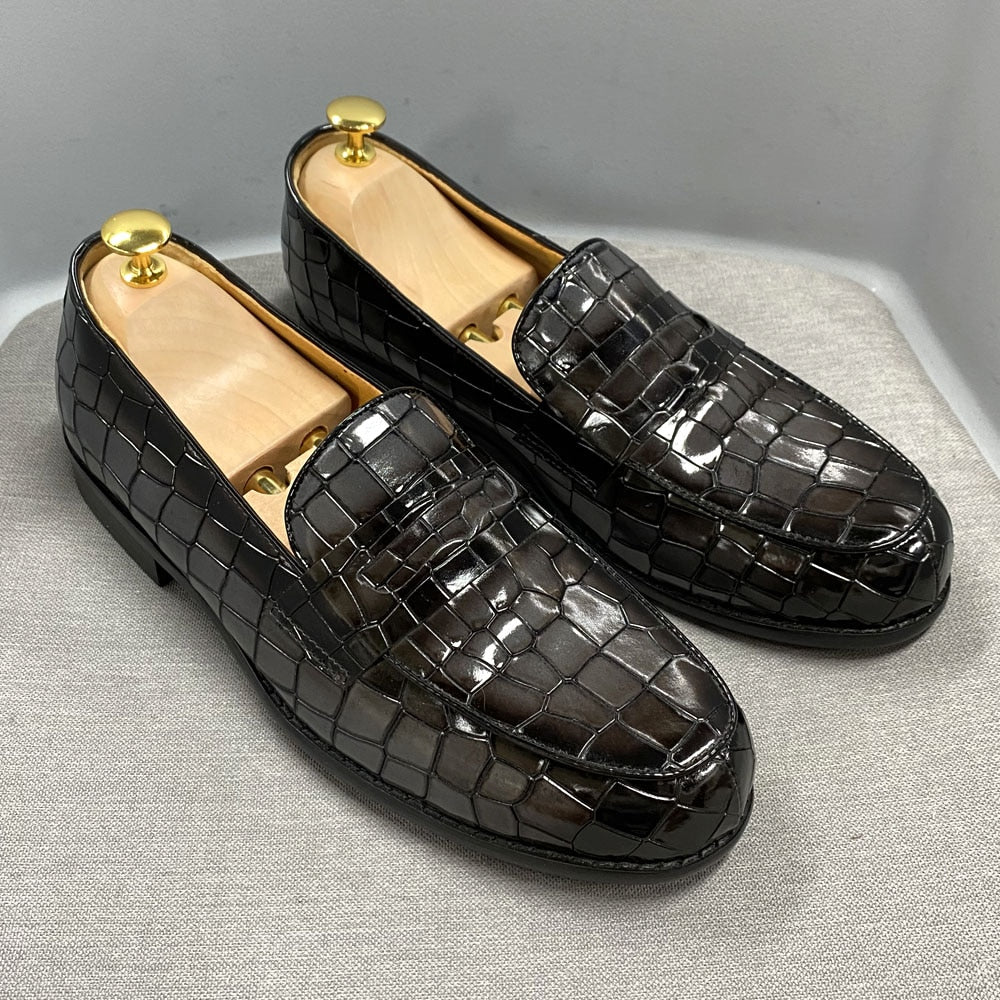 Men's Classic Slip-On Genuine Cow Leather Loafers with Alligator Print