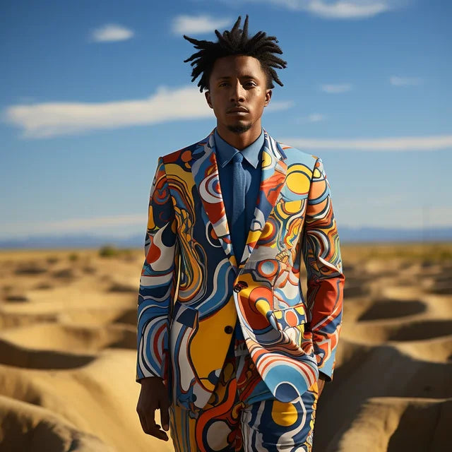 Stylish Polyester Color Block Lapel Digital Printed Men's Suit for Various Occasions