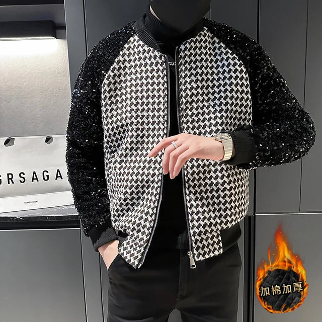 Stylish Contrast Sequin Patchwork Polyester Bomber Jacket