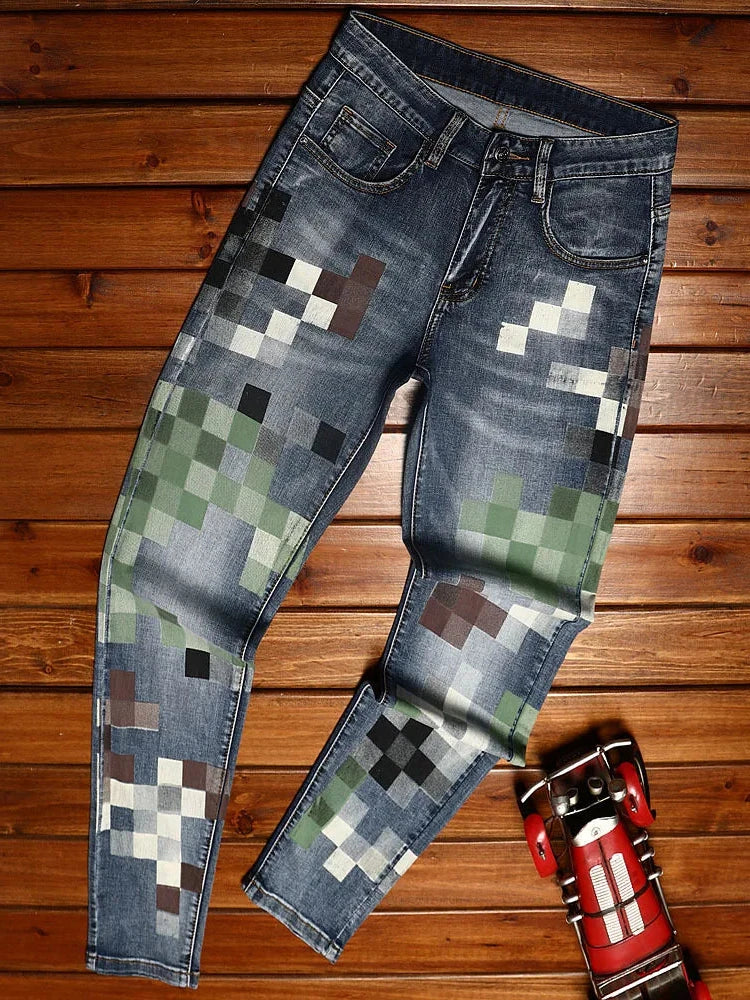 Stylish Contrast Mosaic-Printed Full-Length Slim Jeans