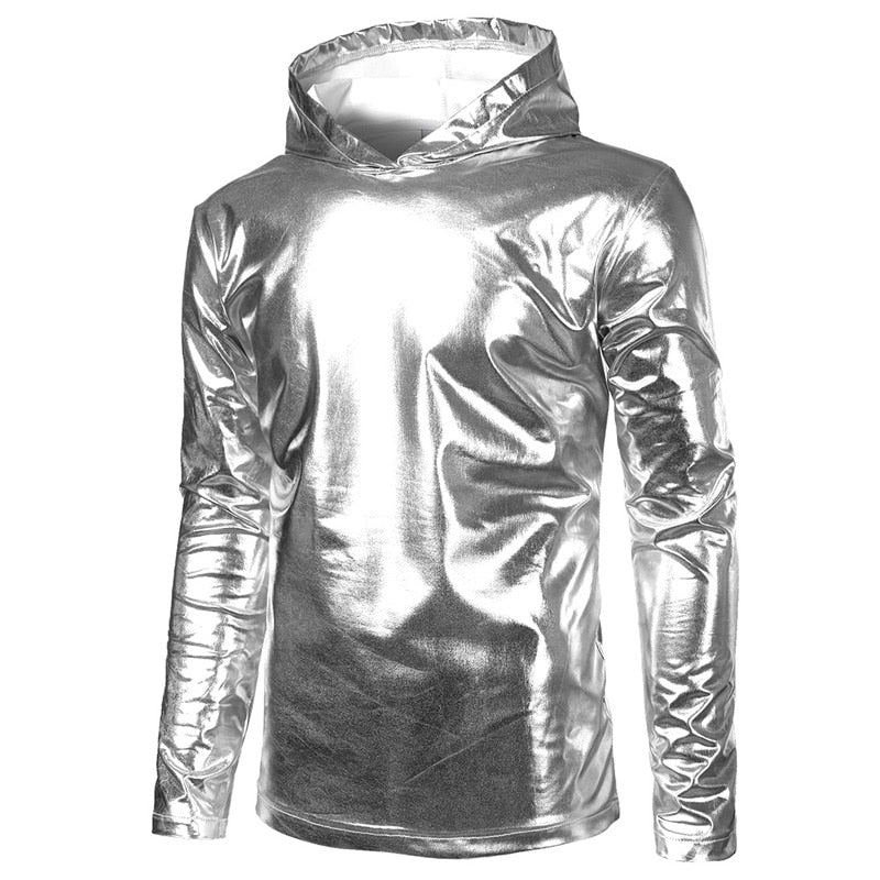 Men's Casual Shiny Metallic Coated Thin Hoodie Sweatshirt