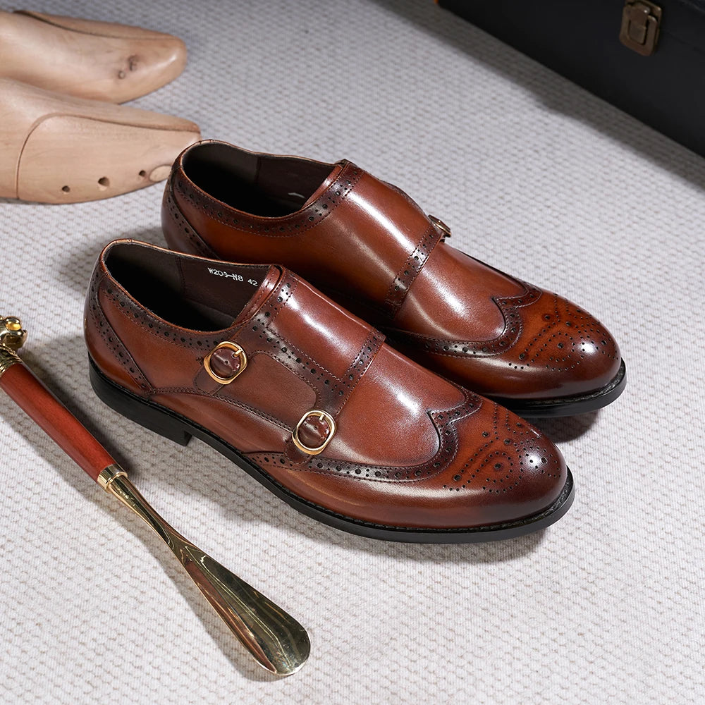 Timeless Double Buckle Genuine Leather Men's Monk Shoes for a Sophisticated Look