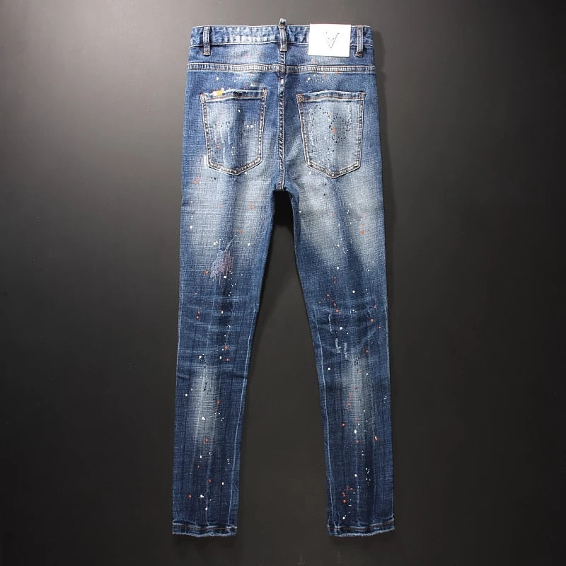 Stylish Azure Blue Men's Streetwear Slim-Fit Jeans
