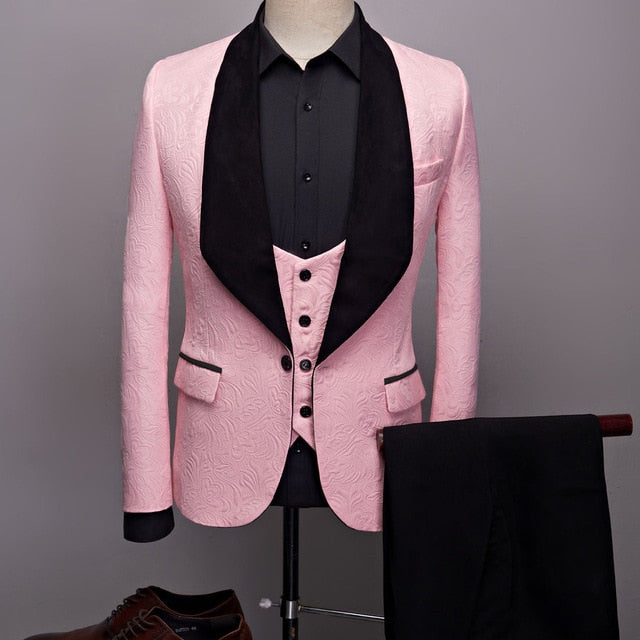 Complete Set of Men's England Style Dress Suit with Big Shawl Lapel Jacquard - Blazer, Vest, and Pant