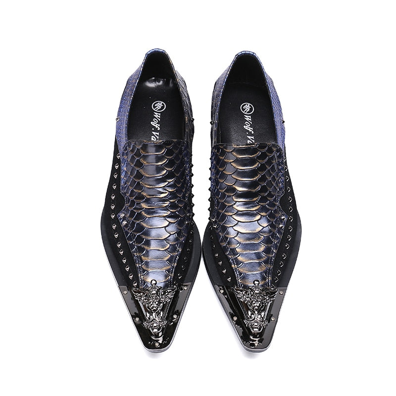 Men's Metallic Cowhide Snakeskin Leather Shoes with Side Rivets