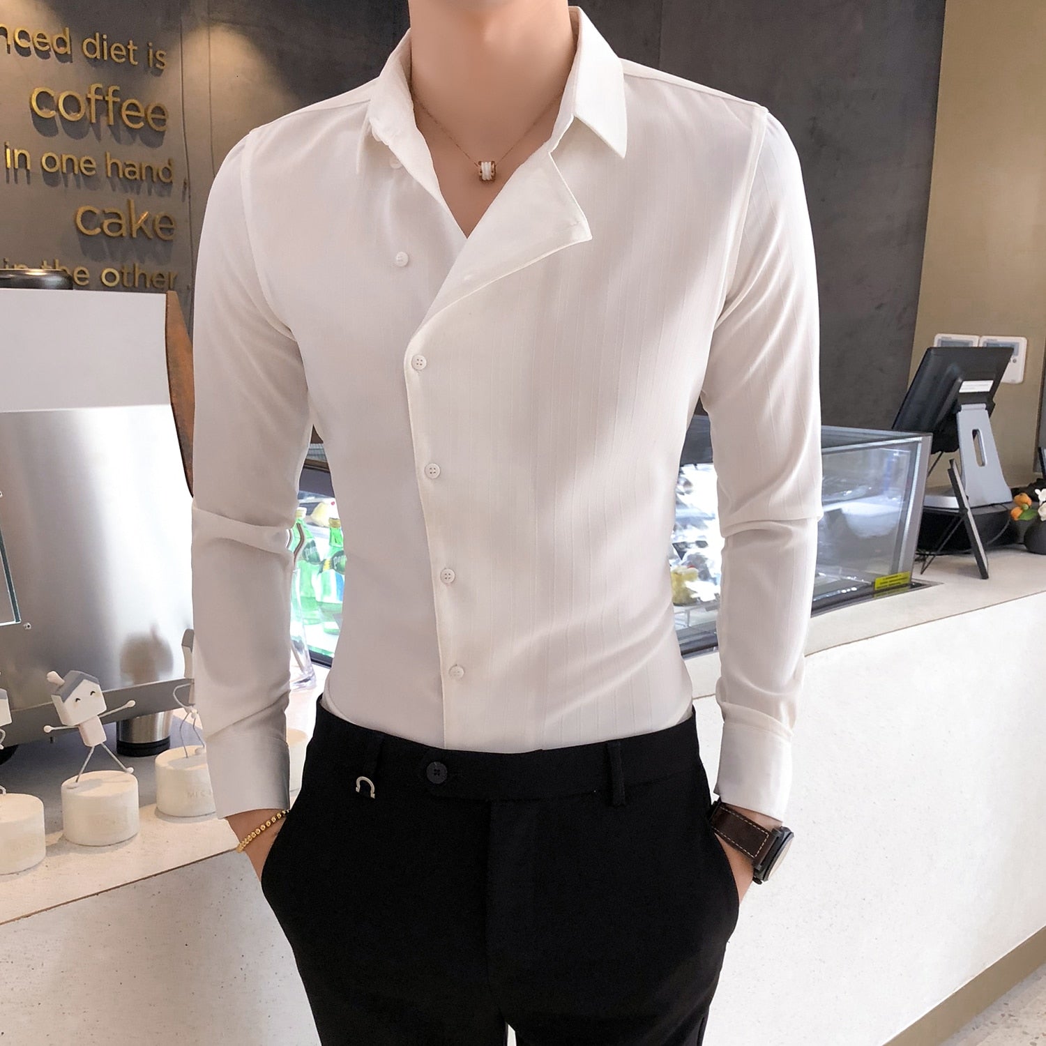 Slim-Fit Solid Casual Men's Tuxedo Shirt with Deep Side Buttons