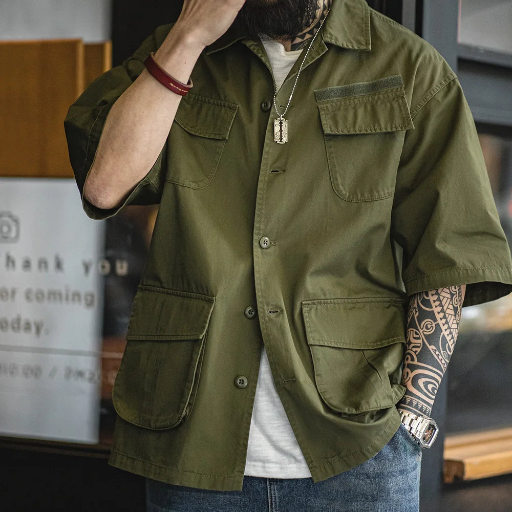 High - Quality Vintage Solid Green Loose - Fit Cotton Shirt