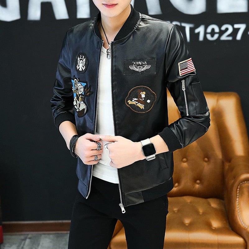 Men's Black Faux Leather Jacket with Multiple Patch Embroidery