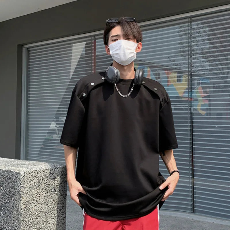 Stylish Solid Color Men's T-Shirt with Metal Button Decor