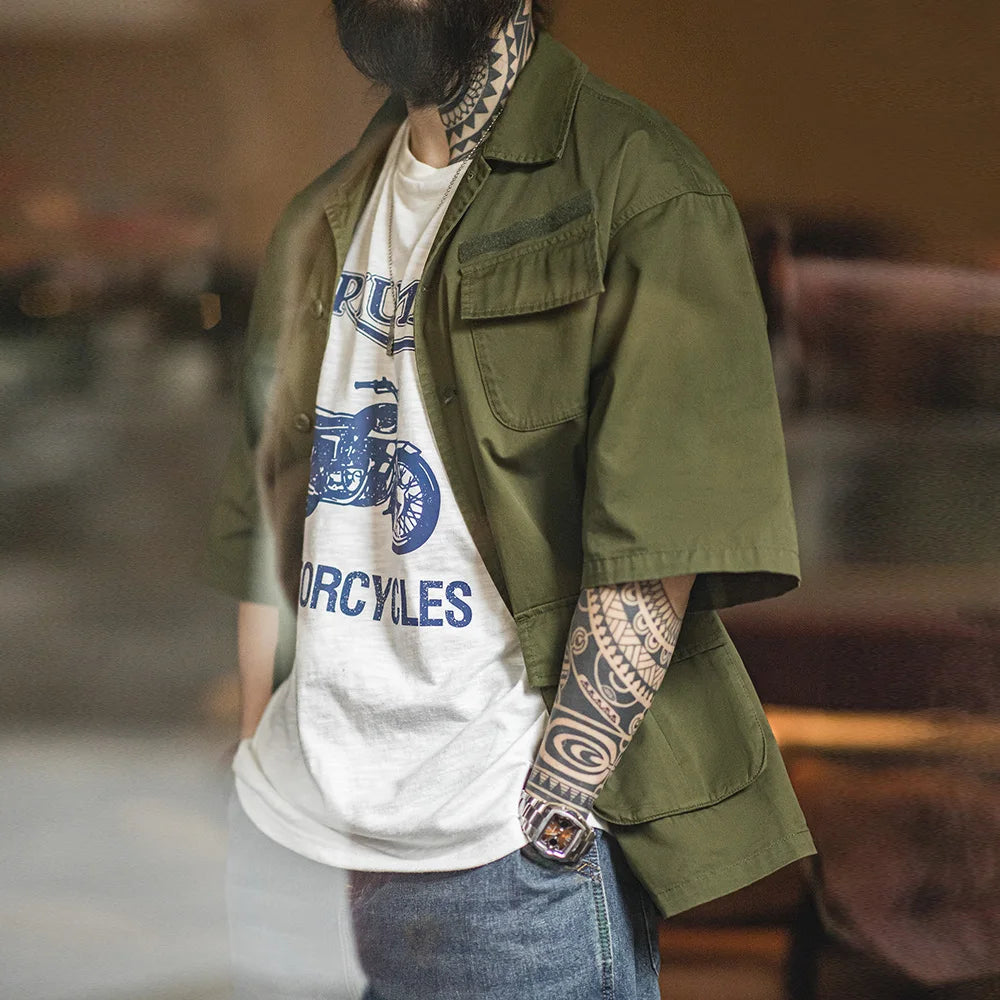 High - Quality Vintage Solid Green Loose - Fit Cotton Shirt