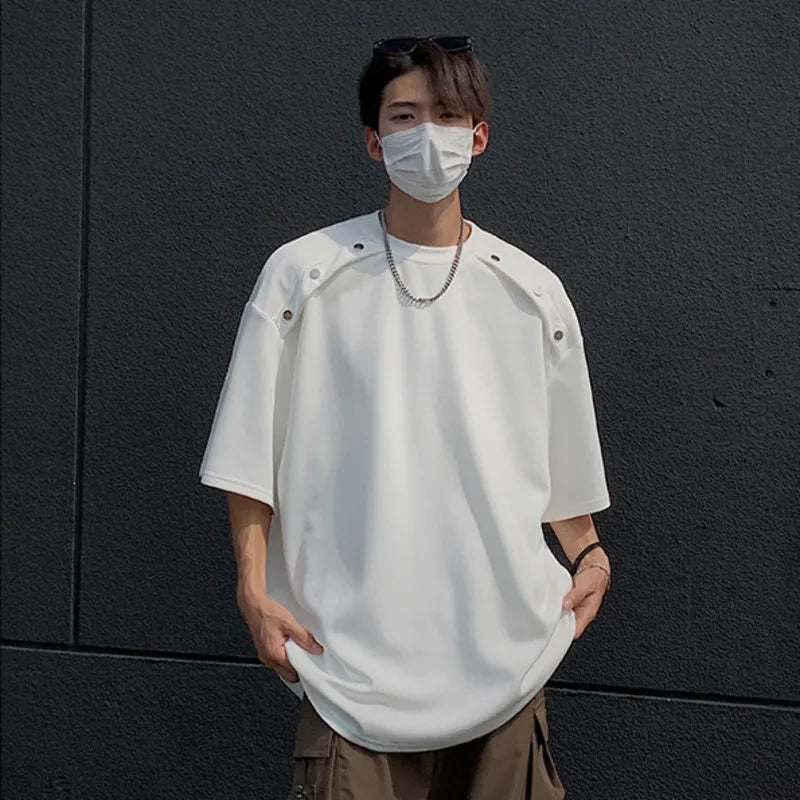 Stylish Solid Color Men's T-Shirt with Metal Button Decor