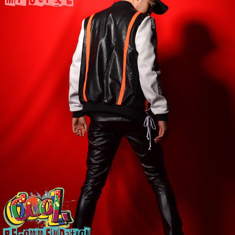 Black and White Spliced Contrast Stripe Hip - Hop Style Men's Jacket and Pants Clothing Set