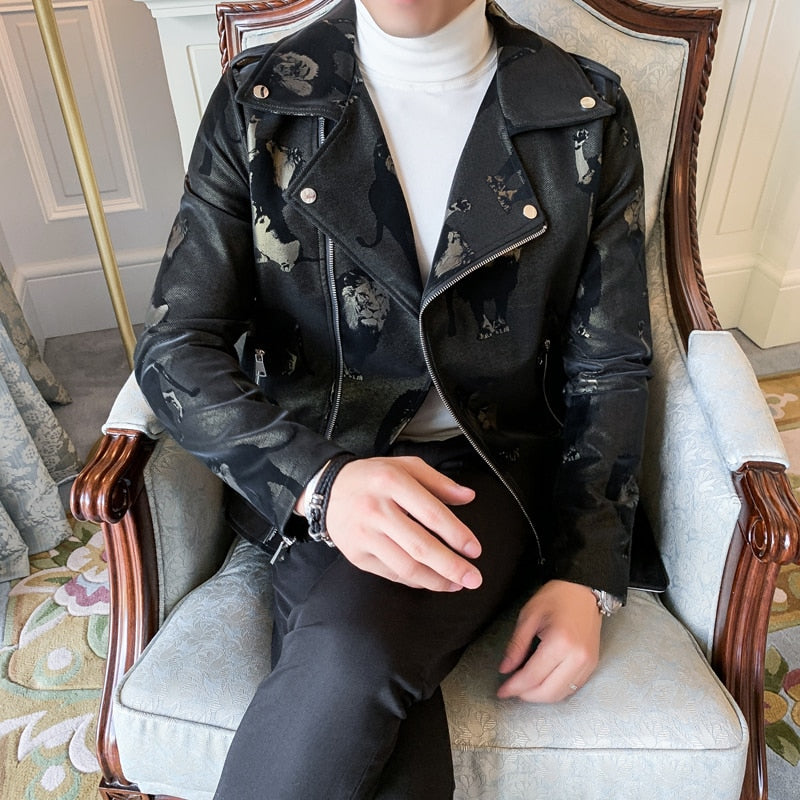 Men's Moto & Biker Style Faux Leather Jacket with Lion Pattern Print and Zipper Lapel