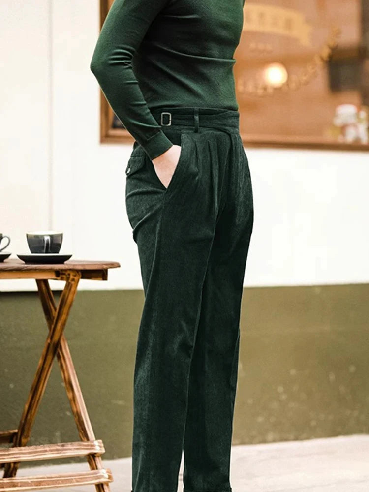 Classic Solid Vintage Belted Corduroy Trousers for Fashionable Wear
