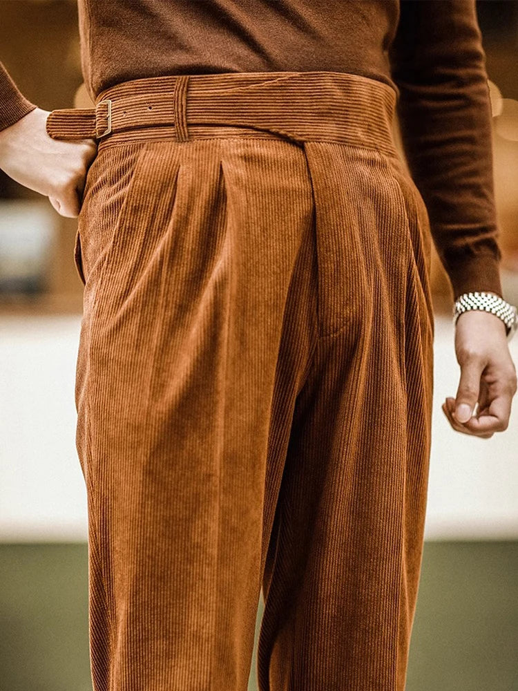 Classic Solid Vintage Belted Corduroy Trousers for Fashionable Wear