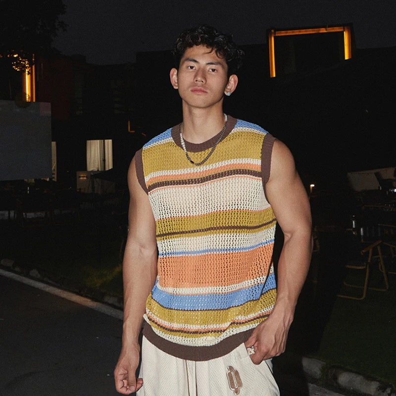 Stylish Loose-Fit Striped Cotton-Polyester Knitted Tank Top for Daily Wear