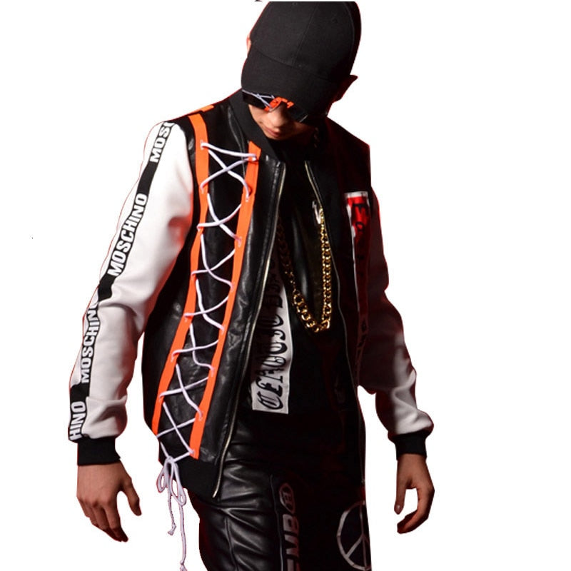 Black and White Spliced Contrast Stripe Hip - Hop Style Men's Jacket and Pants Clothing Set
