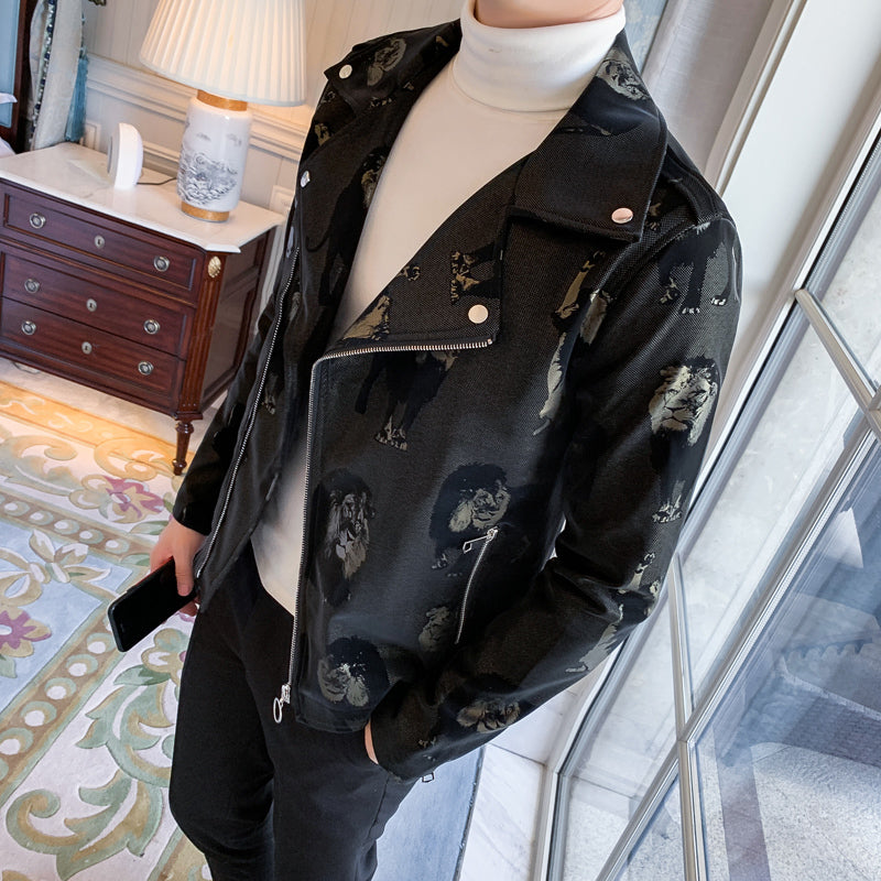 Men's Moto & Biker Style Faux Leather Jacket with Lion Pattern Print and Zipper Lapel