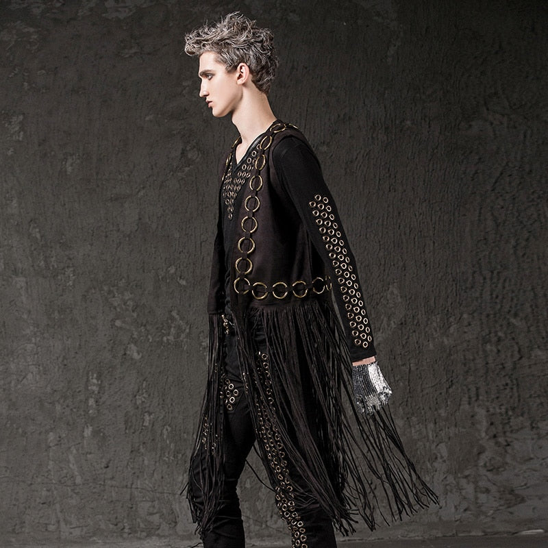 Men's Long Tassel Punk-Style Vest with Metal Rivets