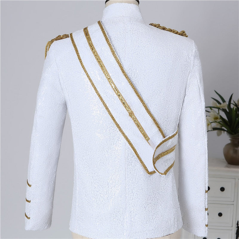 Stylish Black and White Sequined Decorated Men's Cotton Polyester Military-Style Blazer for Casual Occasions