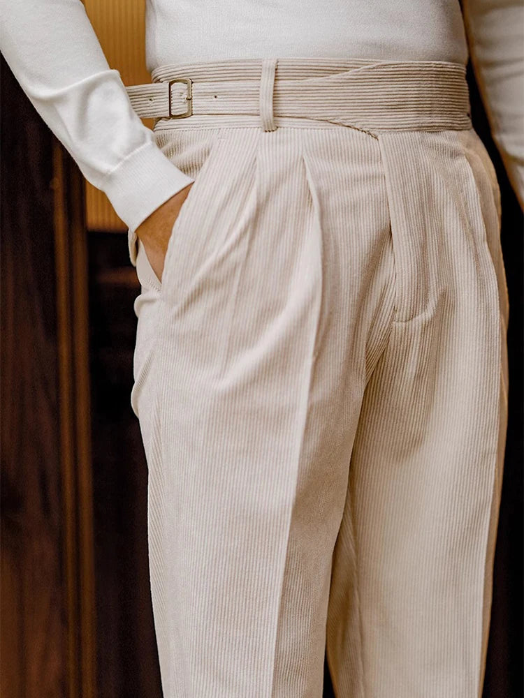 Classic Solid Vintage Belted Corduroy Trousers for Fashionable Wear