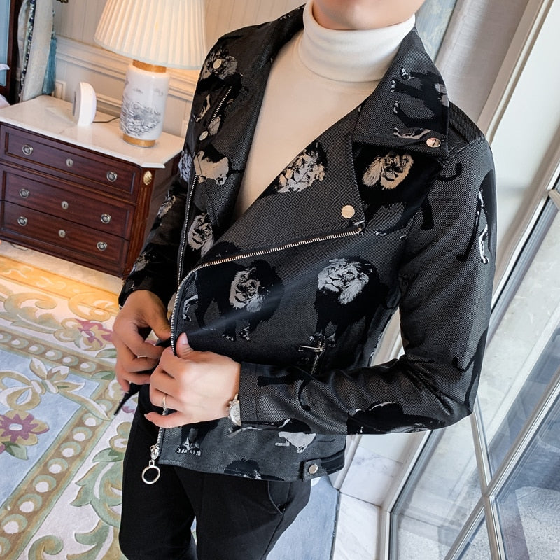 Men's Moto & Biker Style Faux Leather Jacket with Lion Pattern Print and Zipper Lapel
