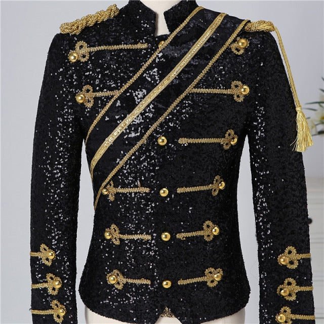 Stylish Black and White Sequined Decorated Men's Cotton Polyester Military-Style Blazer for Casual Occasions
