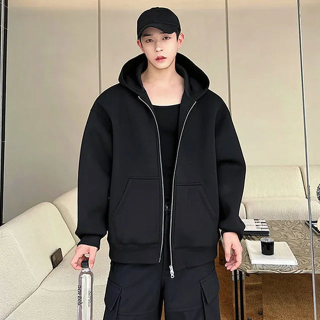 Cozy Solid Double - Head Zipper Hooded Casual Jacket for All - Day Warmth