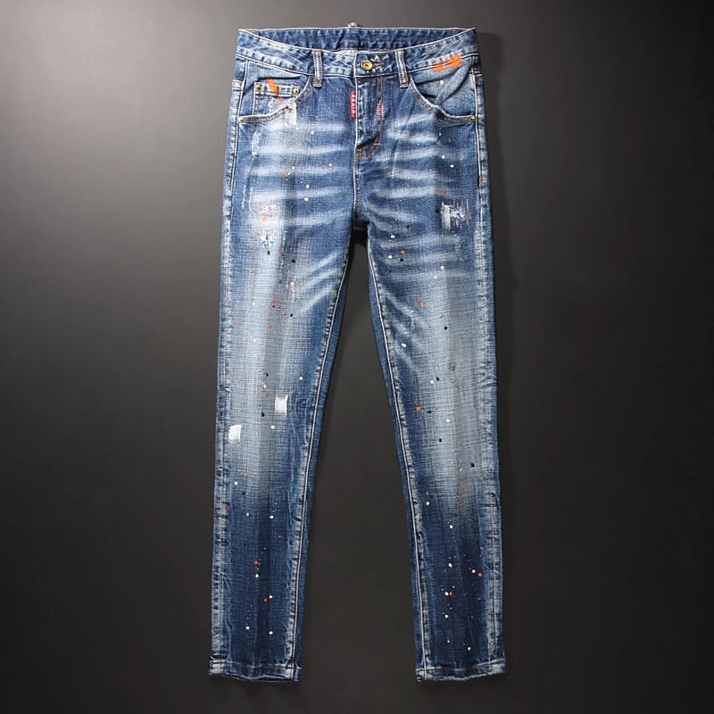 Stylish Azure Blue Men's Streetwear Slim-Fit Jeans