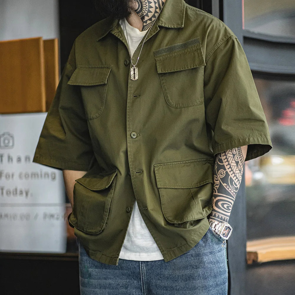 High - Quality Vintage Solid Green Loose - Fit Cotton Shirt