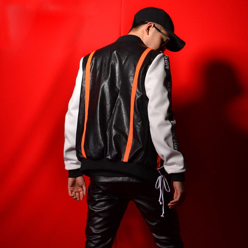 Black and White Spliced Contrast Stripe Hip - Hop Style Men's Jacket and Pants Clothing Set