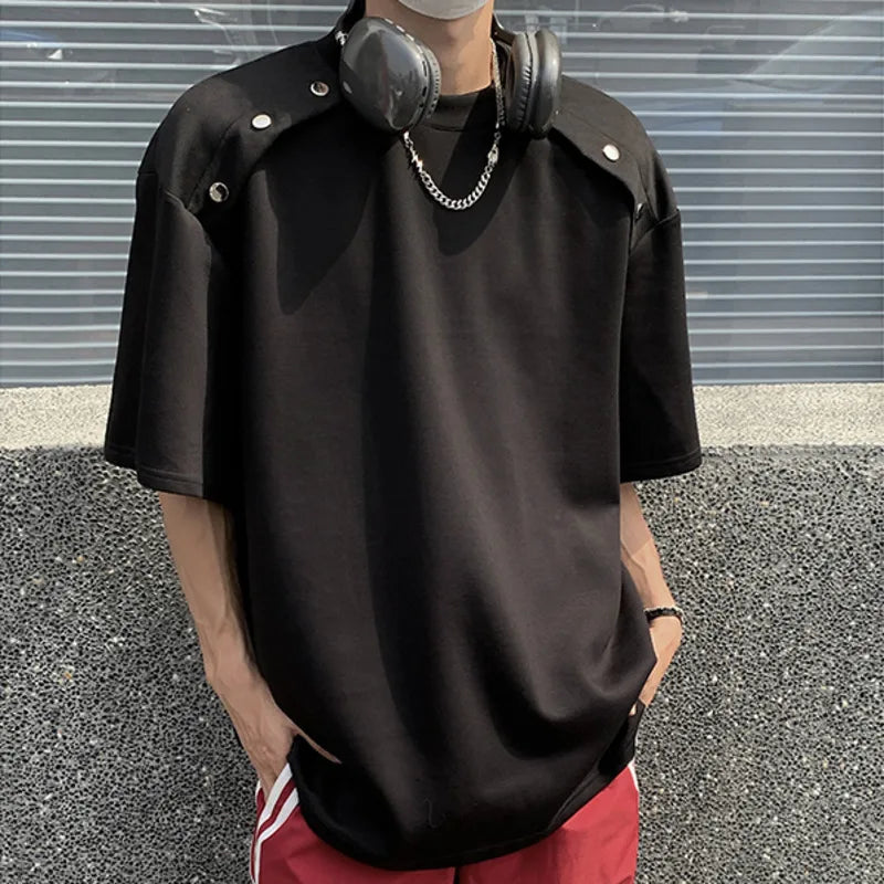 Stylish Solid Color Men's T-Shirt with Metal Button Decor