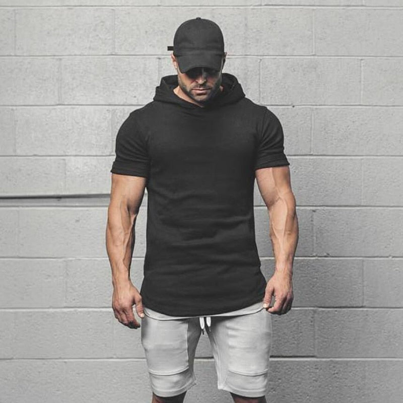 Men's Short-Sleeved Gym-Fashion Hooded T-Shirt for Active Workout