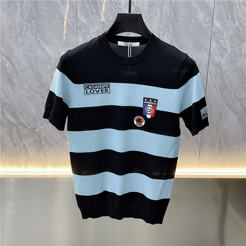 Men's Short Sleeve T-Shirt with Bold Stripes and Eye-catching Patch