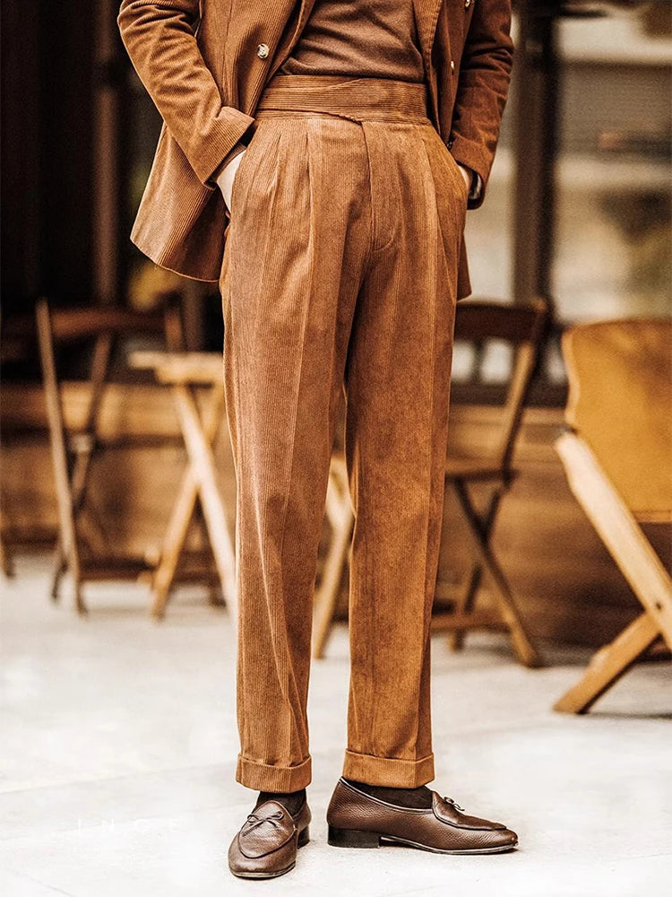 Classic Solid Vintage Belted Corduroy Trousers for Fashionable Wear