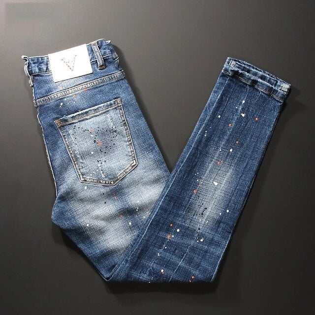 Stylish Azure Blue Men's Streetwear Slim-Fit Jeans